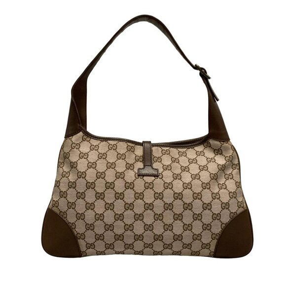 Auth GUCCI - 14057 Dark Brown Beige Jacquard Leather Handbag - Picture 2 of 16